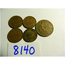 three Canadian One Cents (1938,1942,1946) plus a 1950 German five pfennig, plus a 1944 Philipines