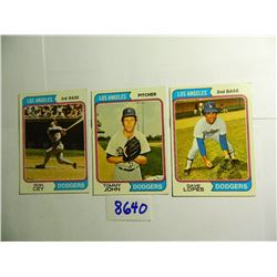 Three (3) 1974 Dodgers Baseball Cards: Davey Lopes, Tommy John & Ron Cey. All One Money