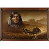 Image 1 : Large framed painting on canvas of stagecoach  being chased by Indians with large portrait of  warri