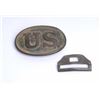 Image 1 : Oval brass U.S. buckle with brass securing piece  from other side of belt; heavy patina; back of  se