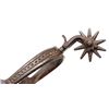 Image 3 : Unmarked iron spurs with 1-1/2” 10 point rowels  and heel chains; heavy dark patina.    Est.:   $300