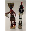 Image 1 : 2-Large Kachinas, hand painted, Cottonwood, Shell  and Leather accents. Est:$100-200