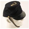 Image 1 : U.S. military kepi cap with leather brim, strap  and brass horn emblem in overall very good  conditi