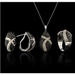 5.45ctw Black Diamond Pendant and Earrings Set - 14KT White Gold