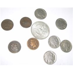 10 TOTAL U.S. COINS INCLUDING SILVER KENNEDY HALF DOLLAR/INDIAN HEAD PENNIES & BUFFALO NICKELS