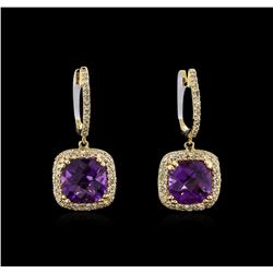 4.00ctw Amethyst and Diamond Dangle Earrings - 14KT Yellow Gold