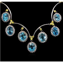 34.97ctw Blue Zircon, Sapphire and Diamond Necklace - 14KT White Gold