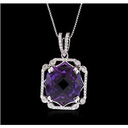 18KT White Gold 9.79ct Amethyst and Diamond Pendant with Chain