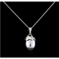 0.27ctw Pearl and Diamond Pendant With Chain - 14KT White Gold