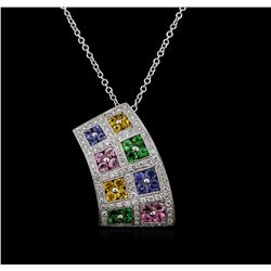 1.00ctw Multi Sapphire and Diamond Pendant With Chain - 14KT White Gold