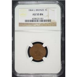 1864-L BRONZE INDIAN HEAD CENT, NGC AU-55 BROWN