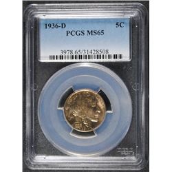 1936-D BUFFALO NICKEL, PCGS MS-65
