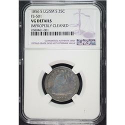 1856 S/S SEATED LIBERTY QUARTER FS-501 NGC VG DETAILS