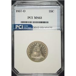1857-O SEATED QUARTER, PCI CHOICE BU, RARE