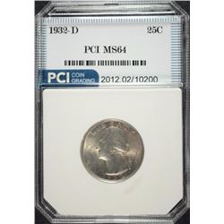 1932-D WASHINGTON QUARTER, PCI GEM BU, BLAST WHITE, SUPER KEY COIN