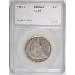 1854-O SEATED LIBERTY HALF DOLLAR (ARROWS), SEGS AU