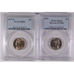 1939 REVERSE OF 1940 & 1947-D JEFFERSON NICKELS, PCGS MS-65