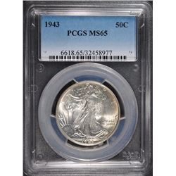 1943 WALKING LIBERTY HALF DOLLAR PCGS MS65 GEM BLAST WHITE