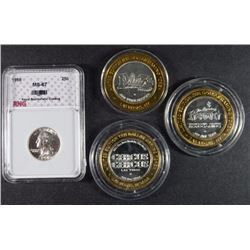 MISC LOT: (3) CASINO TOKENS & 1958 WASHINGTON QUARTER, RNG SUPERB GEM BU