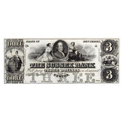 1800's $3 State of New Jersey Sussex Bank Obsolete Currency Note