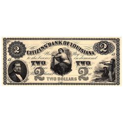 1800's $2 Citizens Bank of Louisiana New Orleans Obsolete Currency Note