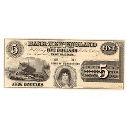 1800's $5 The Bank of New England Obsolete Note
