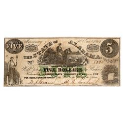 1864 $5 The State of Alabama Confederate Currency Note