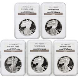 5 Coin Set 1991-1995 Silver Eagle Coins NGC PF69 Ultra Cameo