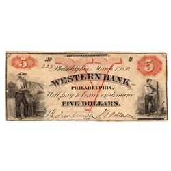 1859 $5 The Western Bank Philadelphia, PA Bank Note