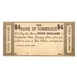 April 1st, 1864 $4 Bank of Commerce Georgia Confederate Note