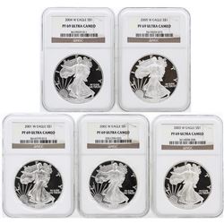 5 Coin Set 2001-2005 Silver Eagle Coins NGC PF69 Ultra Cameo