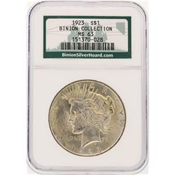1923 $1 Peace Silver Dollar Binion Collection NGC MS63
