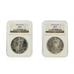2 Coin Set 1994-1995 Silver Eagle Coins NGC Graded MS69