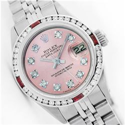 Womens Rolex Stainless Steel Diamond and Ruby Datejust Wristwatch