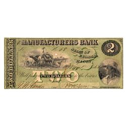 1862 $2 The Manufacturers Bank Macon, Georgia Civil War Note