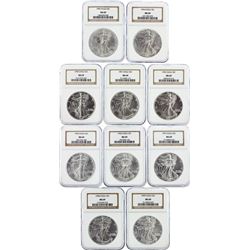 Set of (10) 1990-1999 $1 Silver Eagle Coins NGC Graded MS69