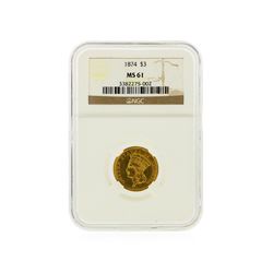 1874 $3 Indian Princess Head Gold Coin NGC Graded MS61