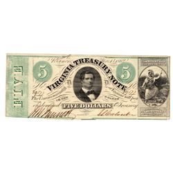 March 13, 1862 $5 Virginia Treasury Note Obsolete