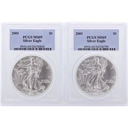 Set of (2) 2001 Silver Eagle Coins PCGS MS69