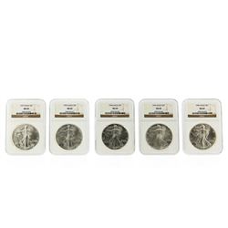 5 Coin Set 1993-1997 $1 American Silver Eagle Coins NGC MS69