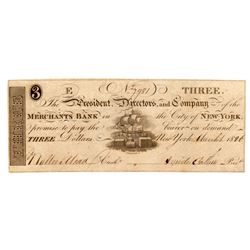 1826 $3 Merchants Bank in the City of New York, NY Bank Note