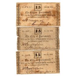 Lot of (3) 1862 Fifteen Cent City of Portsmonth Notes