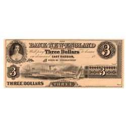 1800's $3 The Bank of New England Obsolete Note