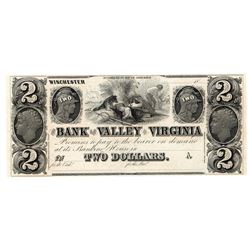 1800's $2 The Bank of the Valley in Virginia Currency Note