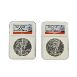 Set of (2) 2011 $1 American Silver Eagle Early Release NGC MS69