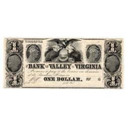 1800's $1 Bank of the Valley in Virginia Currency Note