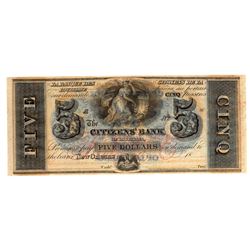 1800's $5 New Orleans Louisiana Citizens Bank Note