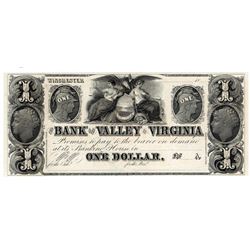 1800's $1 Bank of the Valley in Virginia Currency Note