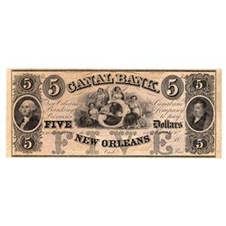 1800's $5 New Orleans Louisiana Canal Bank Note