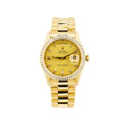 Mens 18KT Yellow Gold Rolex President Watch with Diamond Bezel & Dial